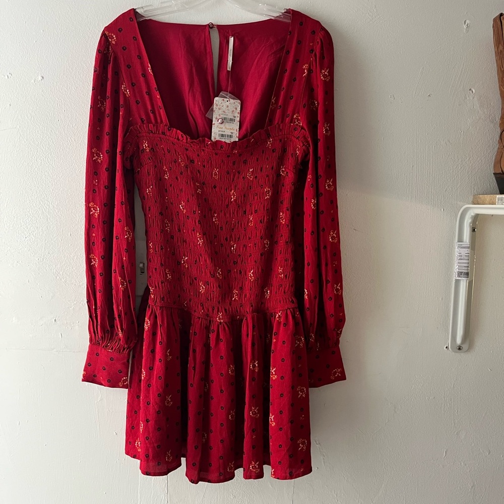 Free People Red Smocked Long-Sleeve Mini Dress with Gold Accents